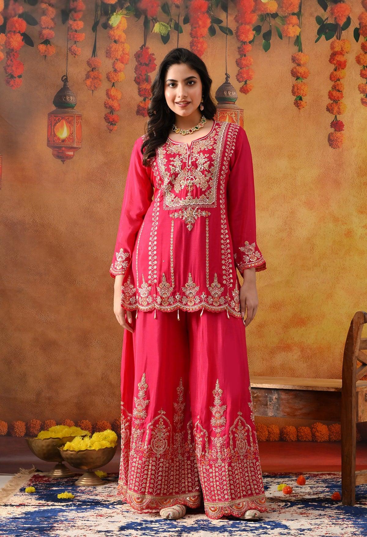 Hot Pink Chinon Sharara Set with Matching Dupatta