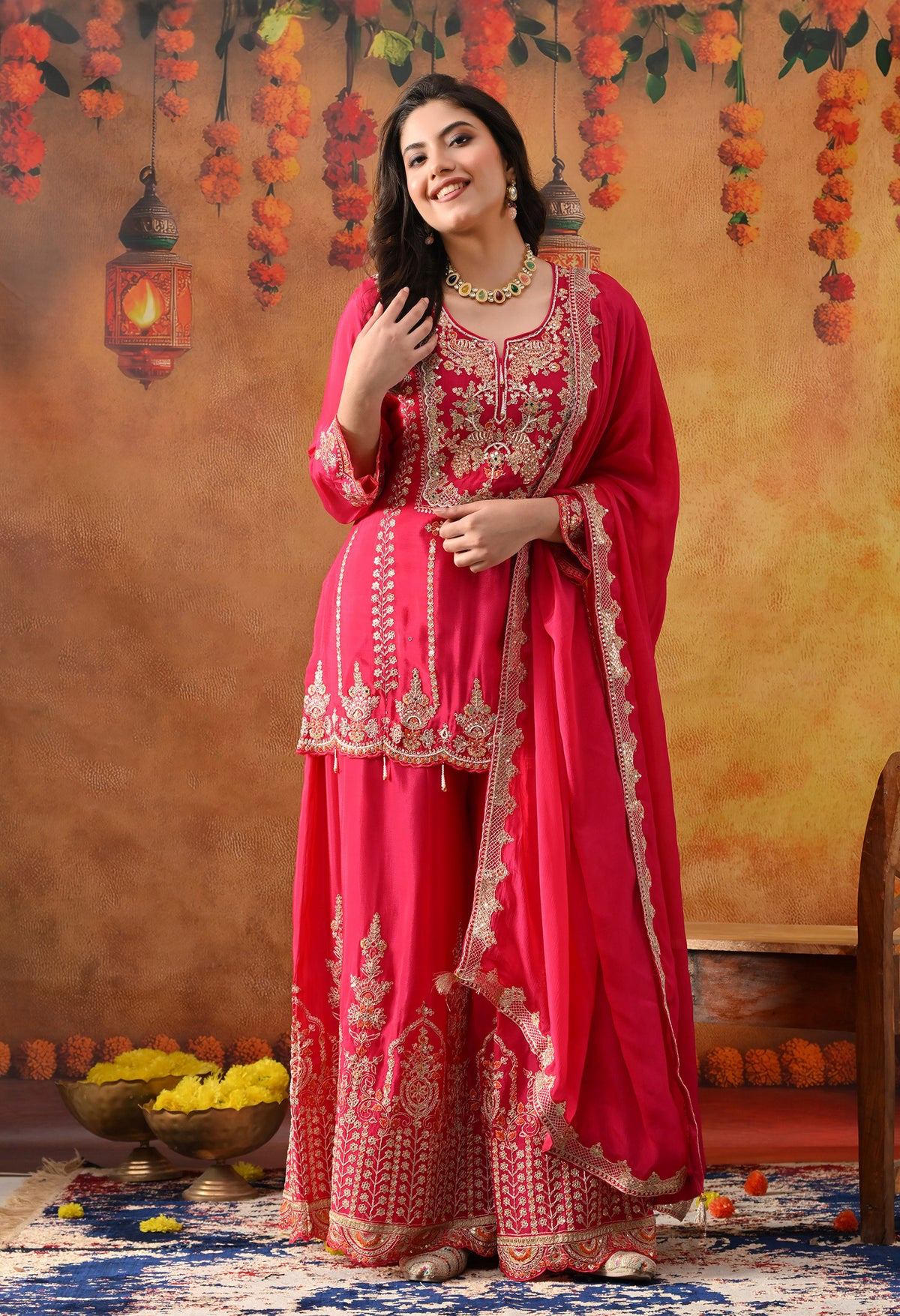 Hot Pink Chinon Sharara Set with Matching Dupatta