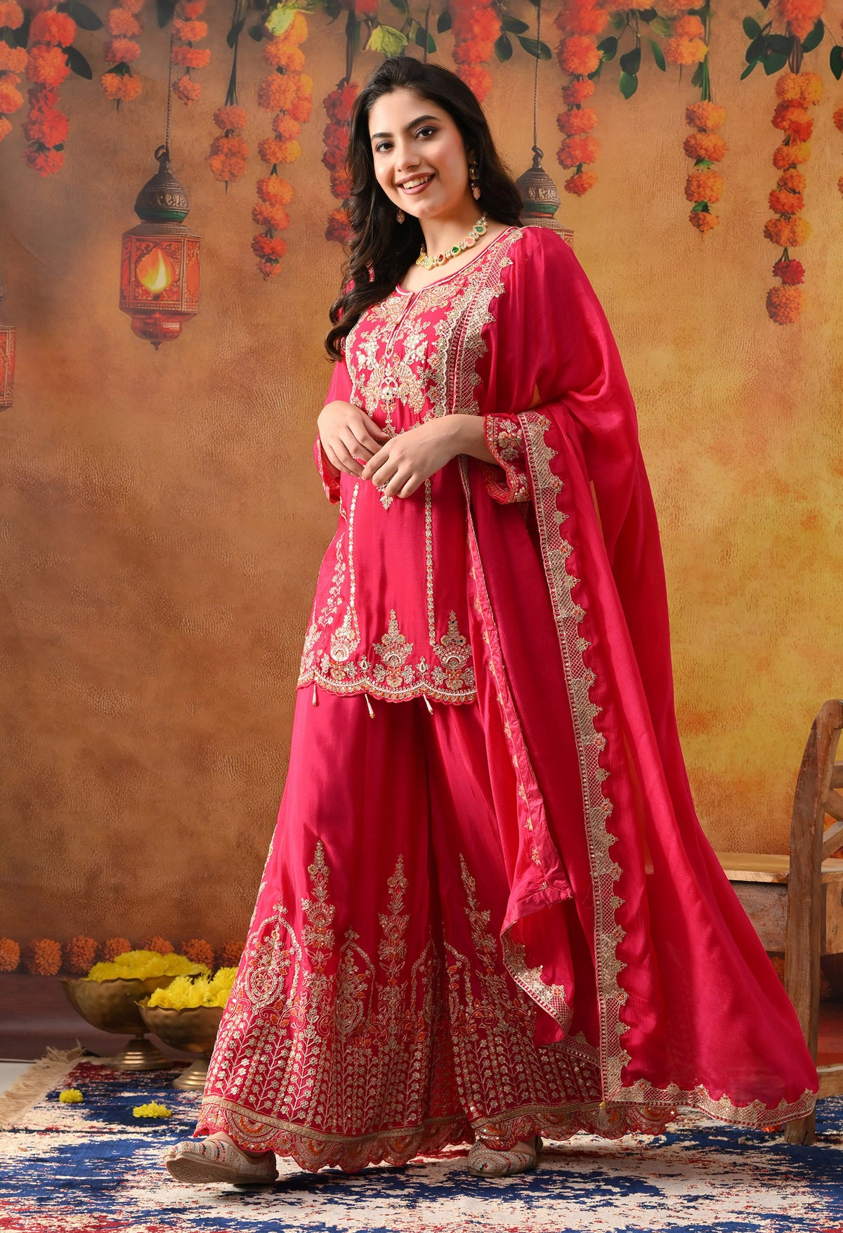Hot Pink Chinon Sharara Set with Matching Dupatta