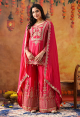Hot Pink Chinon Sharara Set with Matching Dupatta