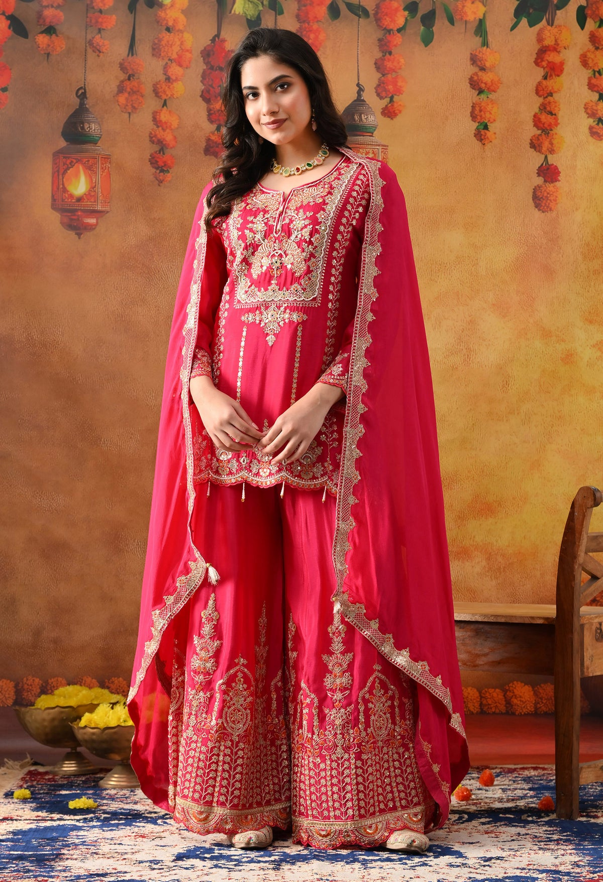Hot Pink Chinon Sharara Set with Matching Dupatta
