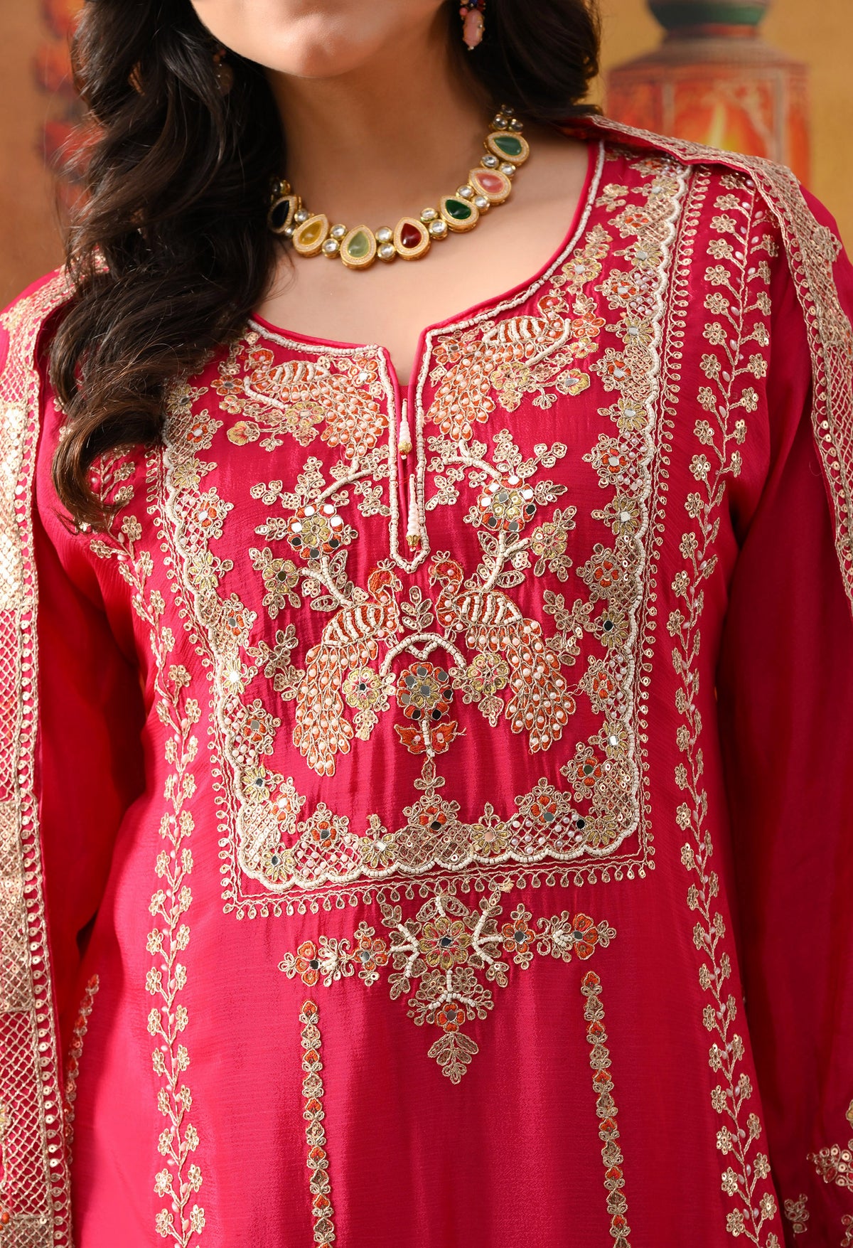 Hot Pink Chinon Sharara Set with Matching Dupatta