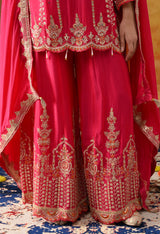 Hot Pink Chinon Sharara Set with Matching Dupatta