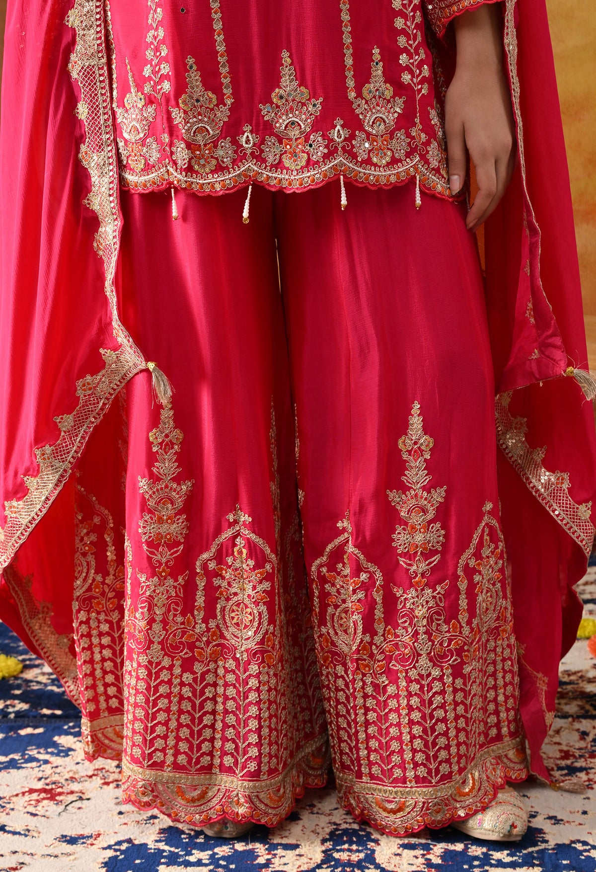 Hot Pink Chinon Sharara Set with Matching Dupatta