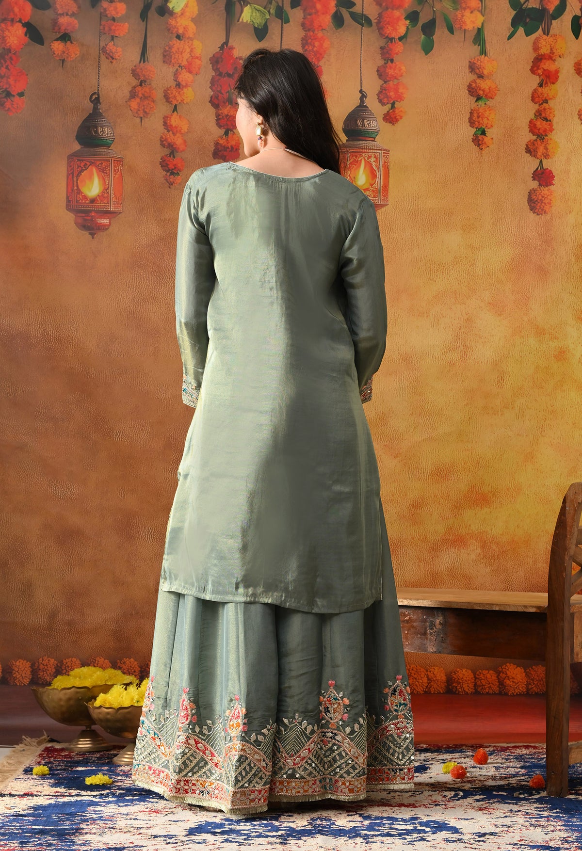 Mint Green Tissue Crepe Sharara Set with Pink & Green Dupatta
