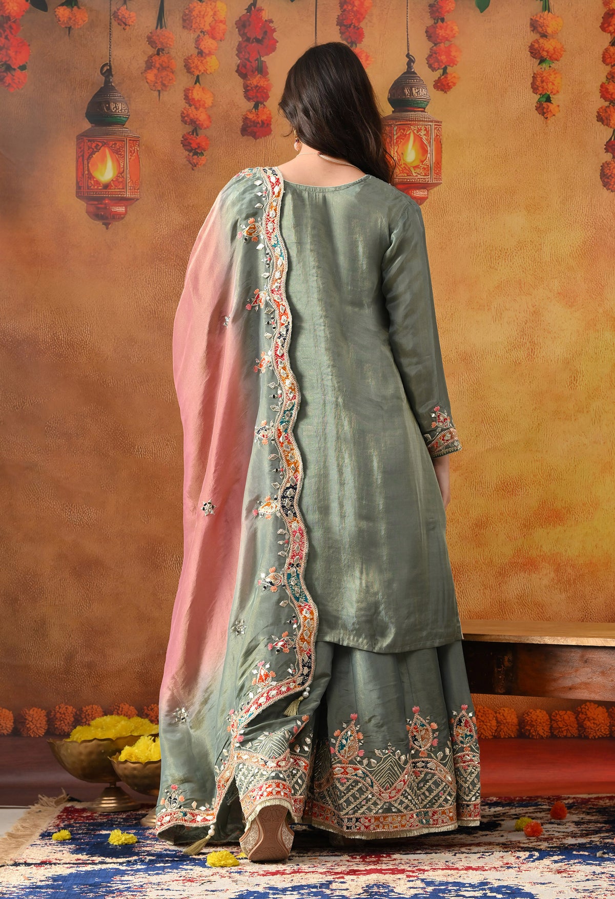 Mint Green Tissue Crepe Sharara Set with Pink & Green Dupatta