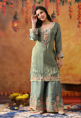 Mint Green Tissue Crepe Sharara Set with Pink & Green Dupatta