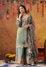 Mint Green Tissue Crepe Sharara Set with Pink & Green Dupatta
