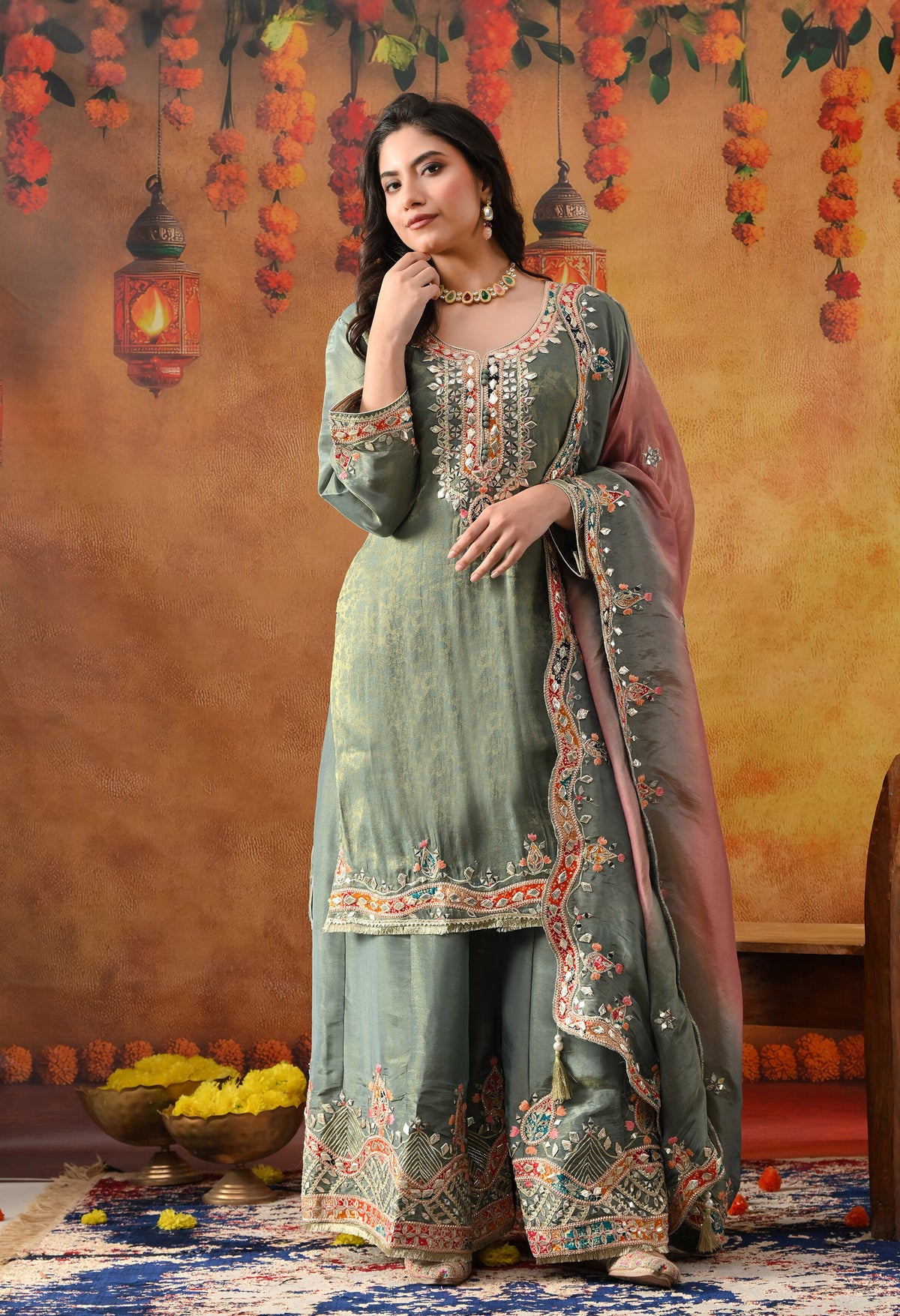 Mint Green Tissue Crepe Sharara Set with Pink & Green Dupatta