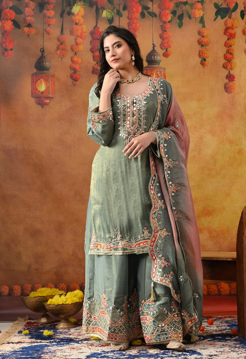 Mint Green Tissue Crepe Sharara Set with Pink & Green Dupatta