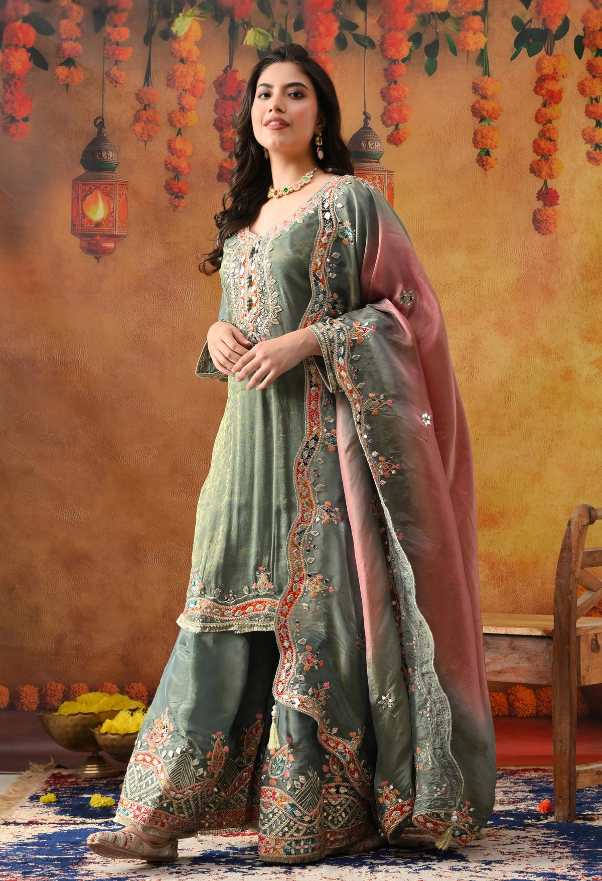 Mint Green Tissue Crepe Sharara Set with Pink & Green Dupatta