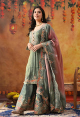 Mint Green Tissue Crepe Sharara Set with Pink & Green Dupatta