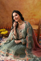Mint Green Tissue Crepe Sharara Set with Pink & Green Dupatta