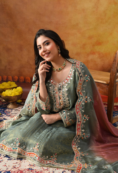 Mint Green Tissue Crepe Sharara Set with Pink & Green Dupatta