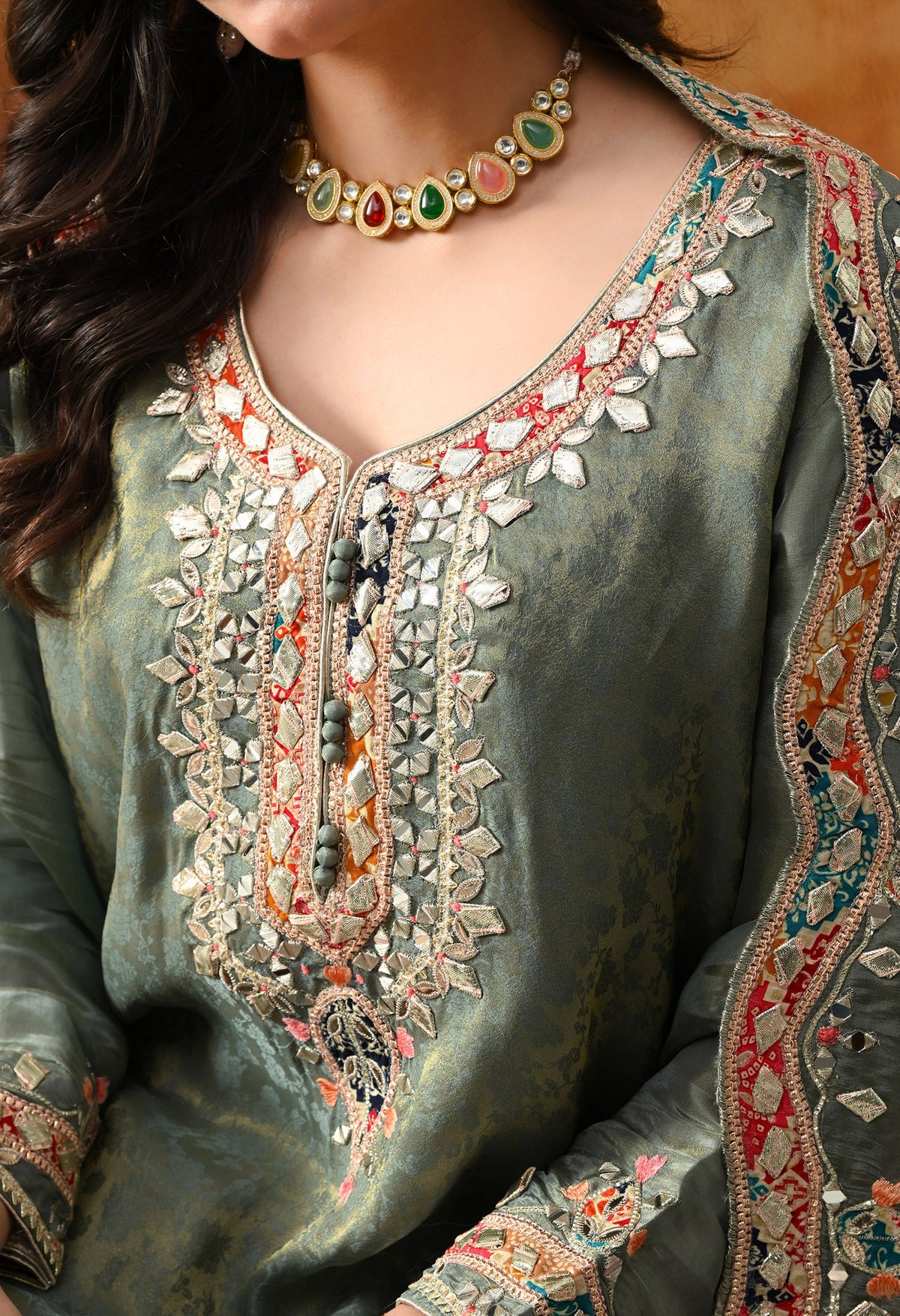 Mint Green Tissue Crepe Sharara Set with Pink & Green Dupatta