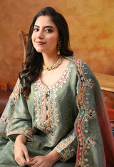 Mint Green Tissue Crepe Sharara Set with Pink & Green Dupatta