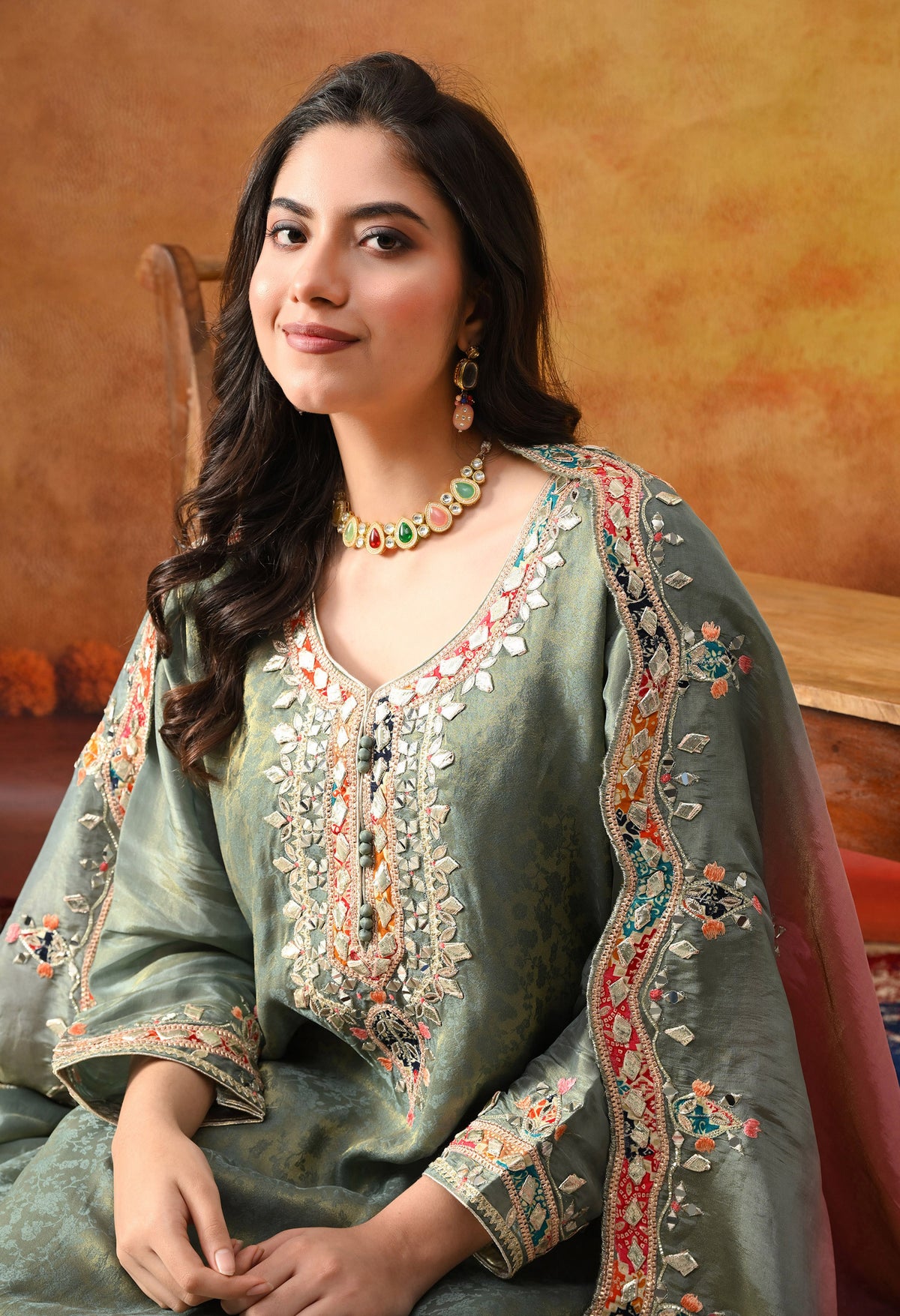Mint Green Tissue Crepe Sharara Set with Pink & Green Dupatta