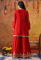 Reddish Maroon Chinon Sharara Set with Matching Dupatta