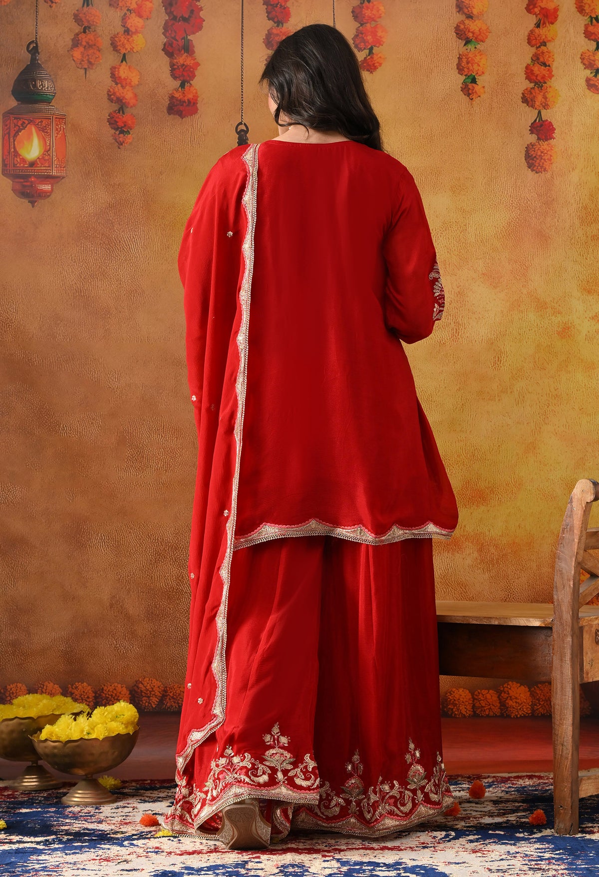 Reddish Maroon Chinon Sharara Set with Matching Dupatta