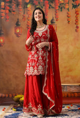 Reddish Maroon Chinon Sharara Set with Matching Dupatta