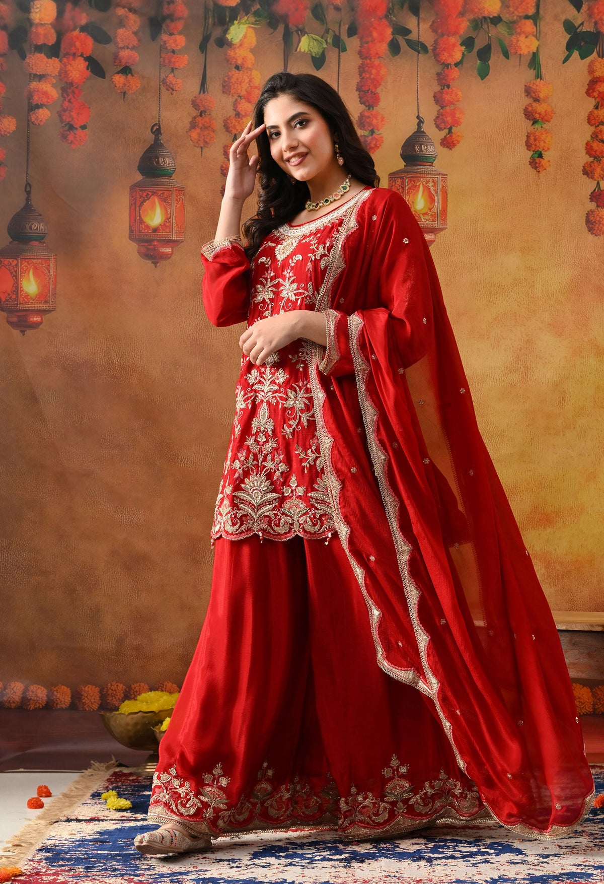 Reddish Maroon Chinon Sharara Set with Matching Dupatta