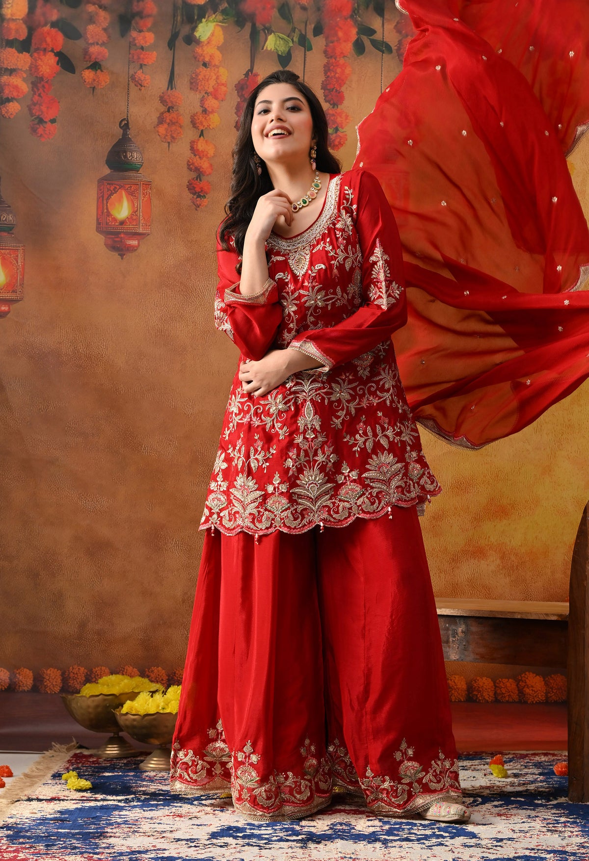 Reddish Maroon Chinon Sharara Set with Matching Dupatta