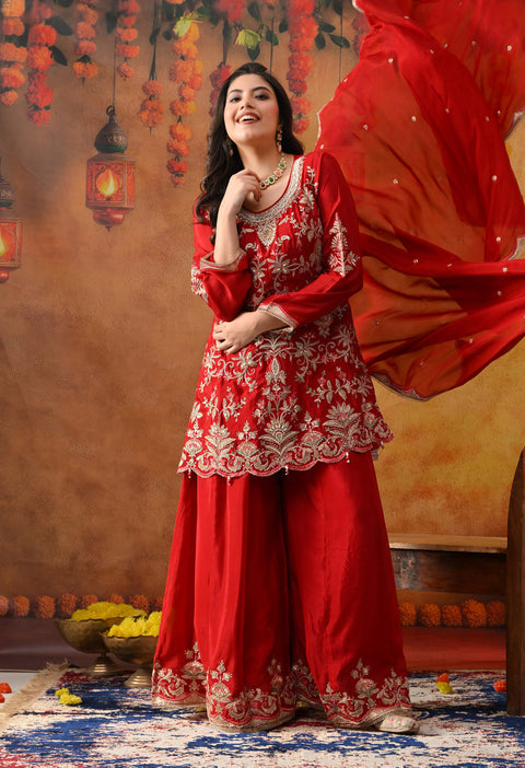 Reddish Maroon Chinon Sharara Set with Matching Dupatta