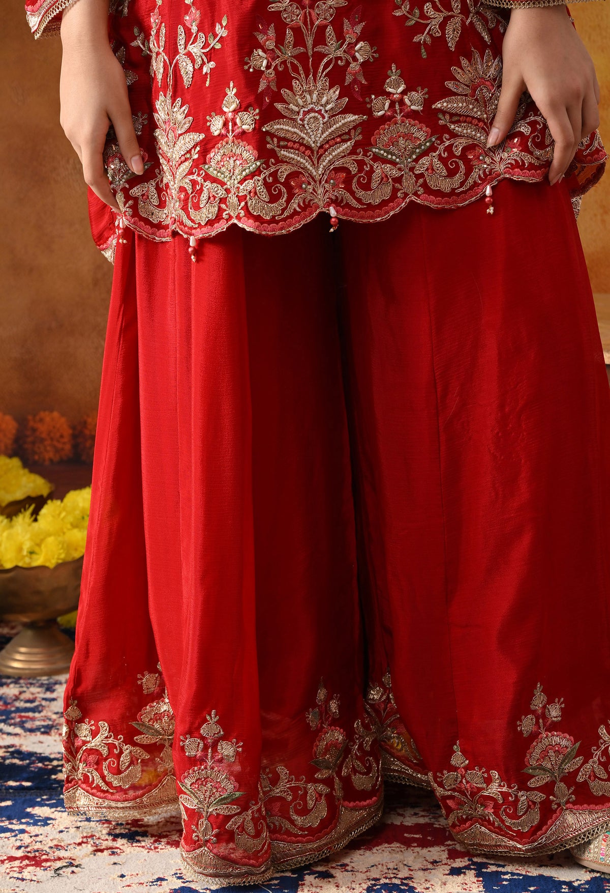 Reddish Maroon Chinon Sharara Set with Matching Dupatta