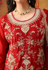 Reddish Maroon Chinon Sharara Set with Matching Dupatta