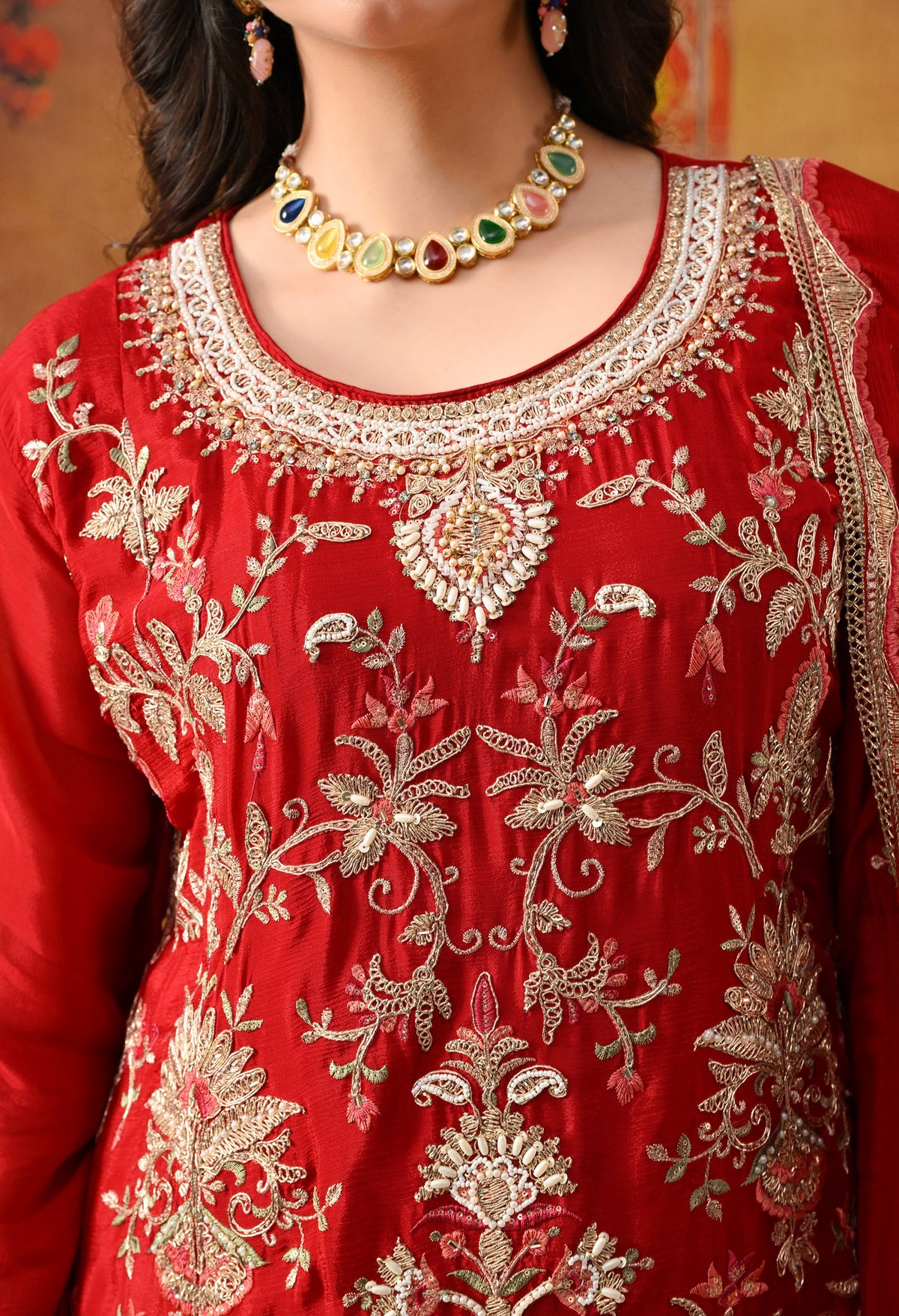 Reddish Maroon Chinon Sharara Set with Matching Dupatta