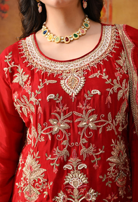 Reddish Maroon Chinon Sharara Set with Matching Dupatta