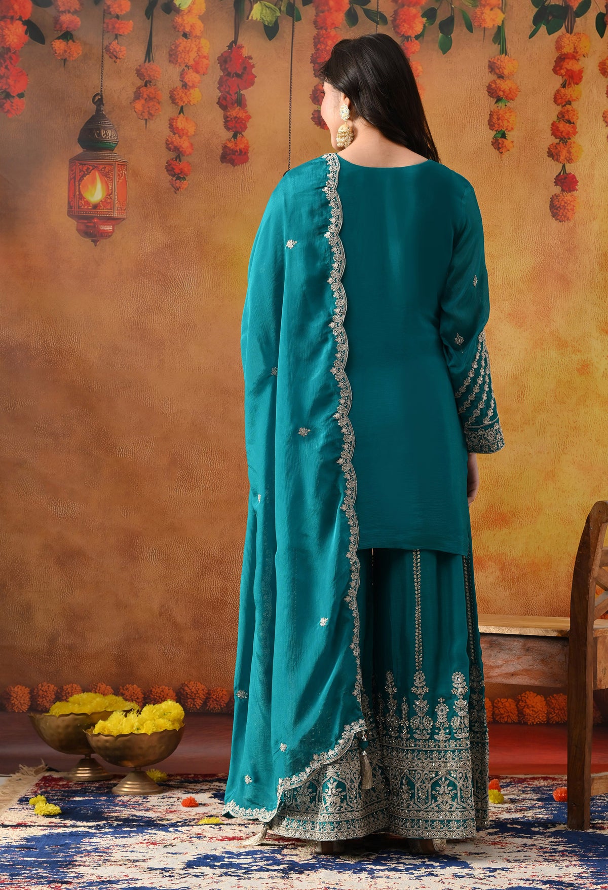 Dark Bluish Green Chinon Sharara Set with Matching Dupatta