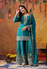 Dark Bluish Green Chinon Sharara Set with Matching Dupatta