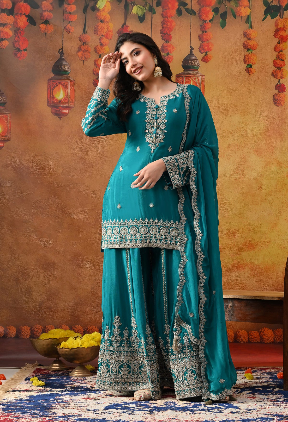 Dark Bluish Green Chinon Sharara Set with Matching Dupatta