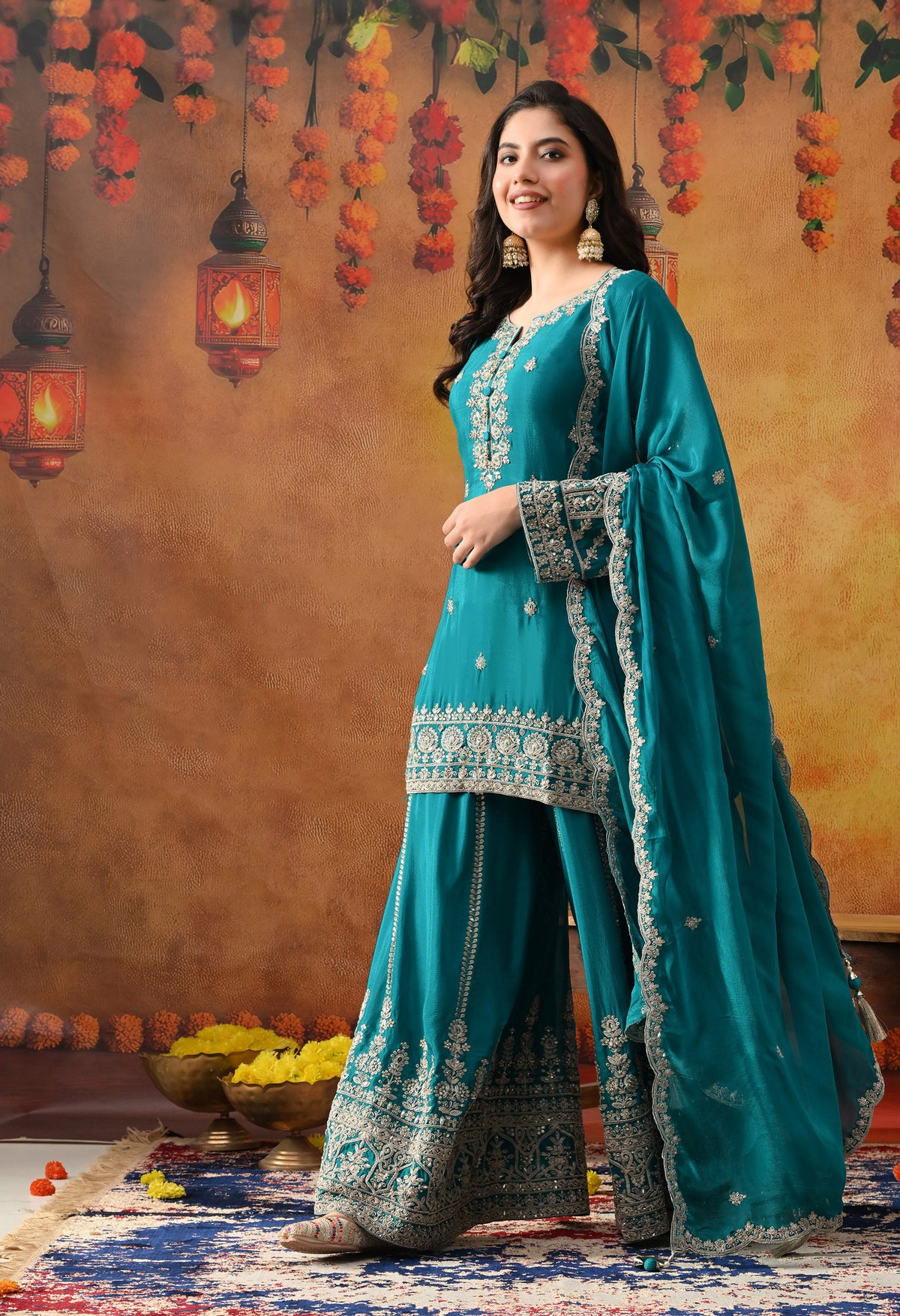 Dark Bluish Green Chinon Sharara Set with Matching Dupatta