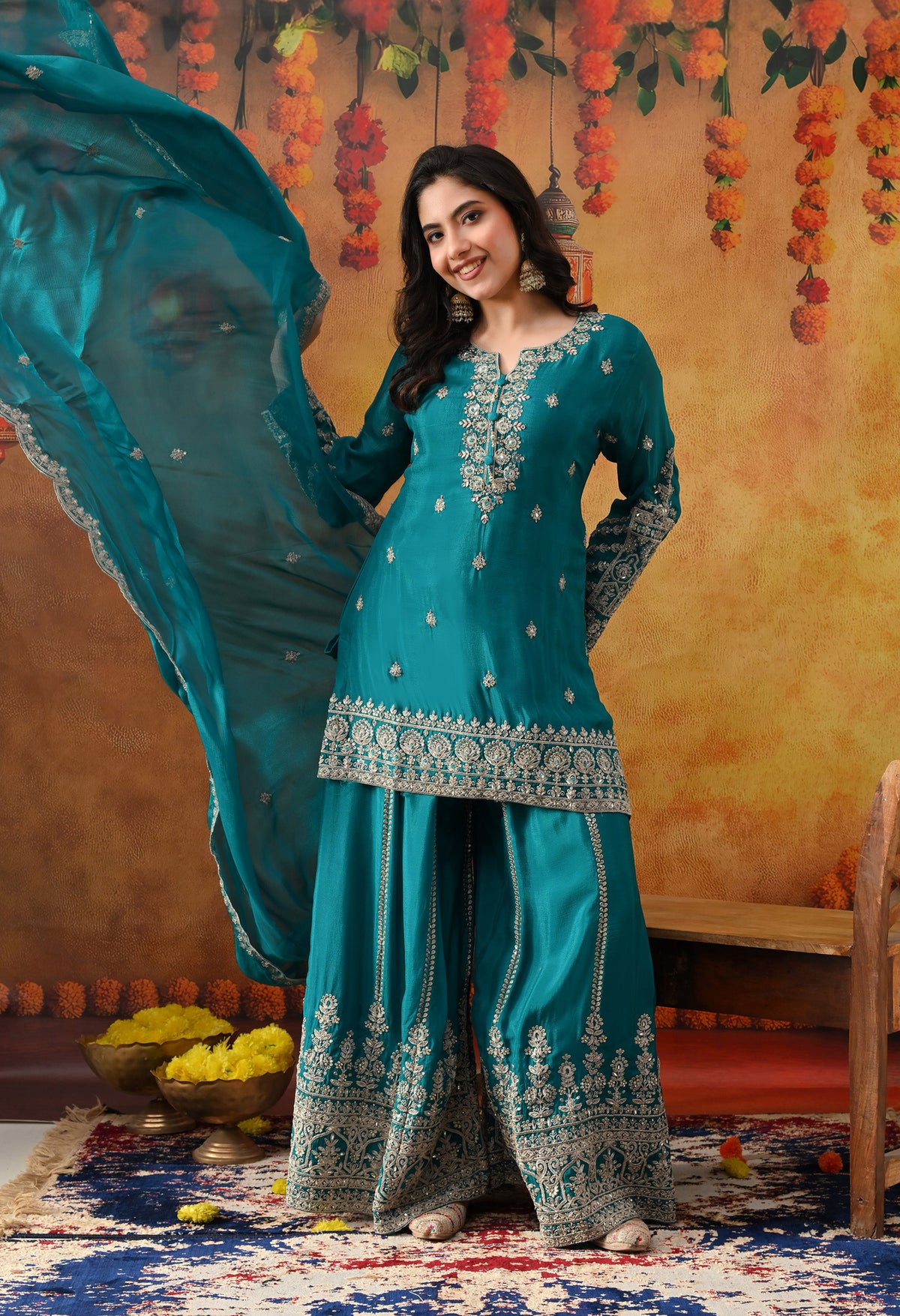Dark Bluish Green Chinon Sharara Set with Matching Dupatta