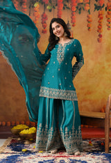 Dark Bluish Green Chinon Sharara Set with Matching Dupatta