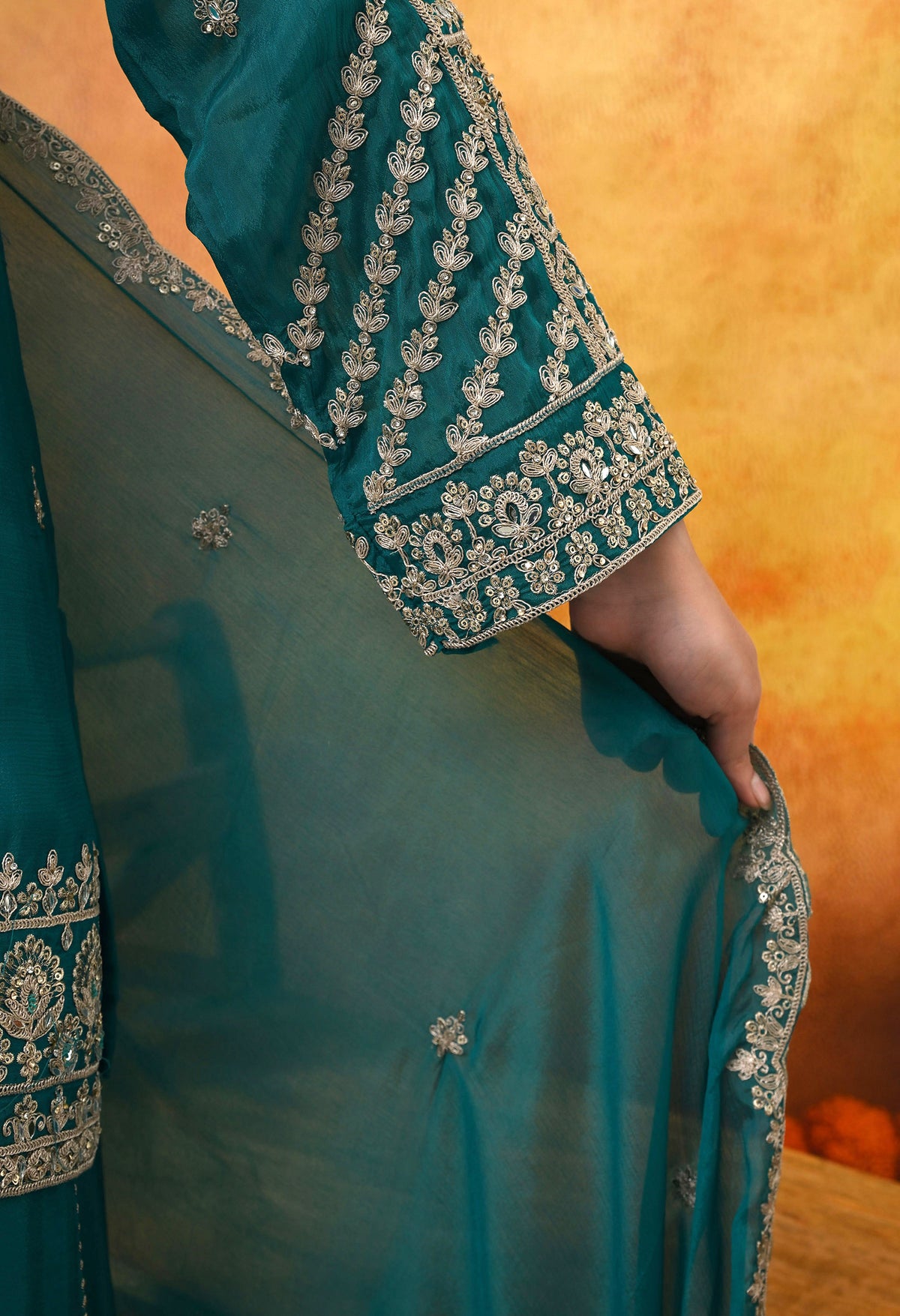 Dark Bluish Green Chinon Sharara Set with Matching Dupatta