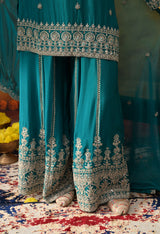 Dark Bluish Green Chinon Sharara Set with Matching Dupatta