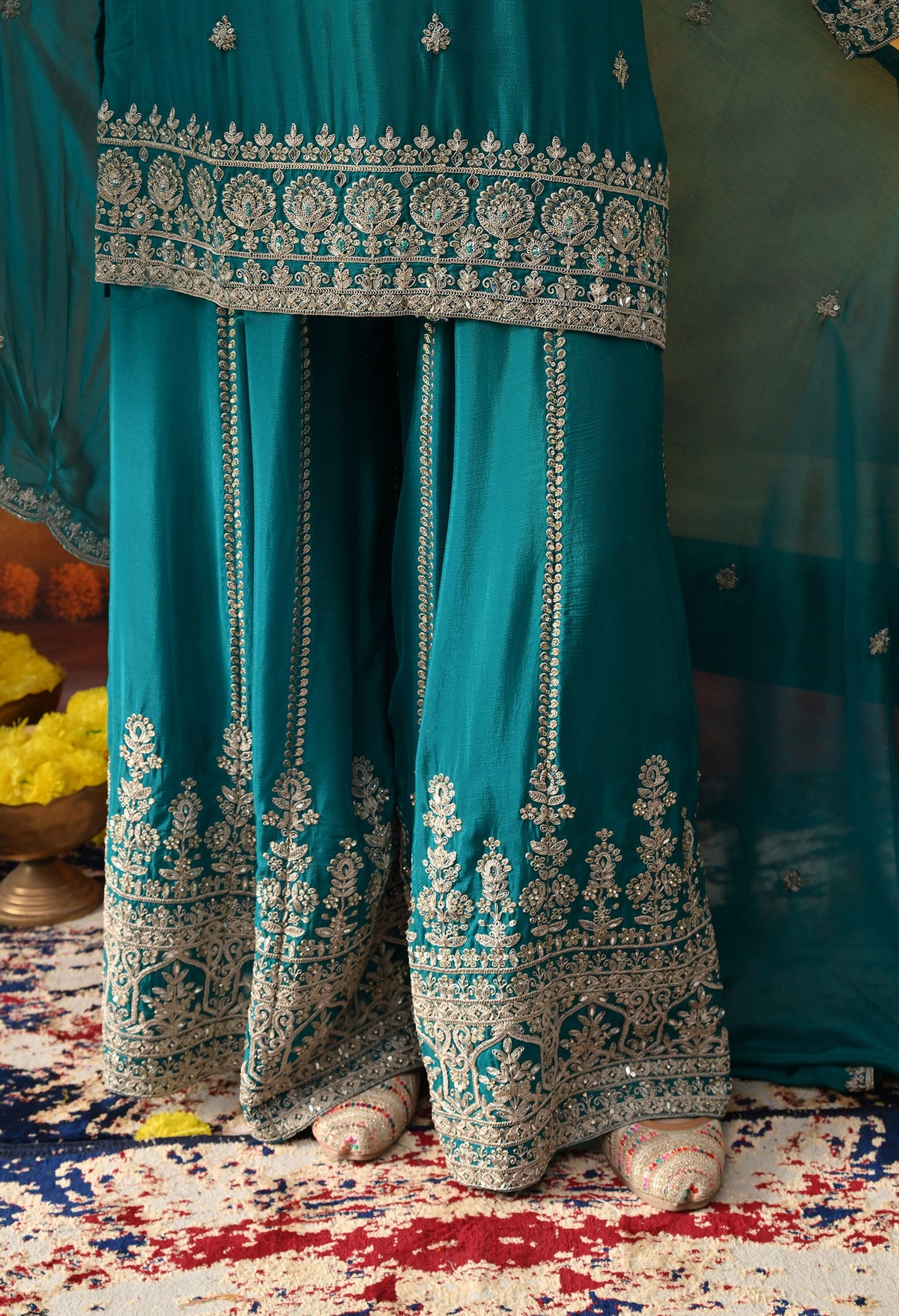 Dark Bluish Green Chinon Sharara Set with Matching Dupatta
