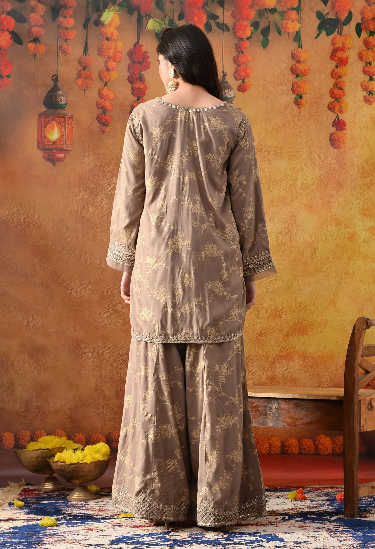 Wood Brown Cotton Silk Sharara Set with Net Dupatta