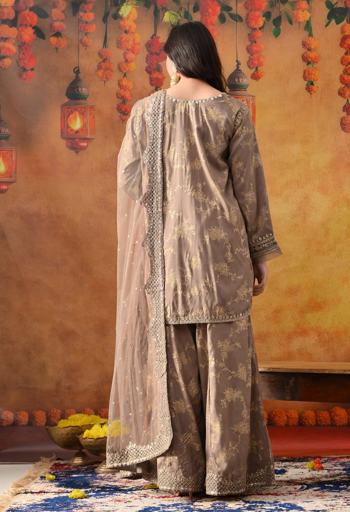 Wood Brown Cotton Silk Sharara Set with Net Dupatta