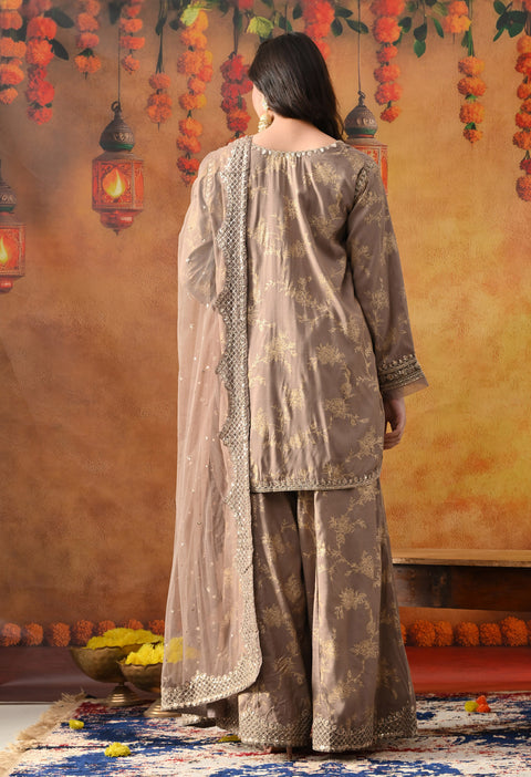 Wood Brown Cotton Silk Sharara Set with Net Dupatta