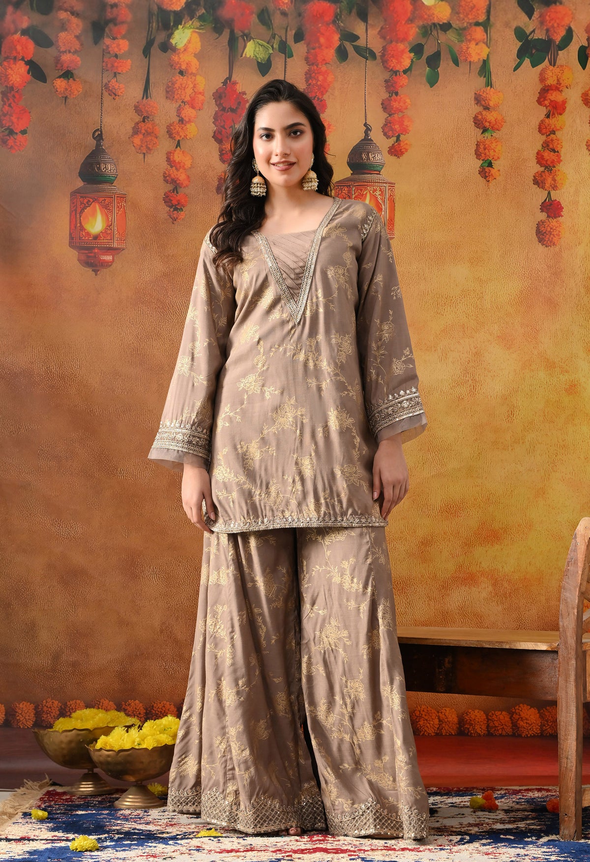 Wood Brown Cotton Silk Sharara Set with Net Dupatta