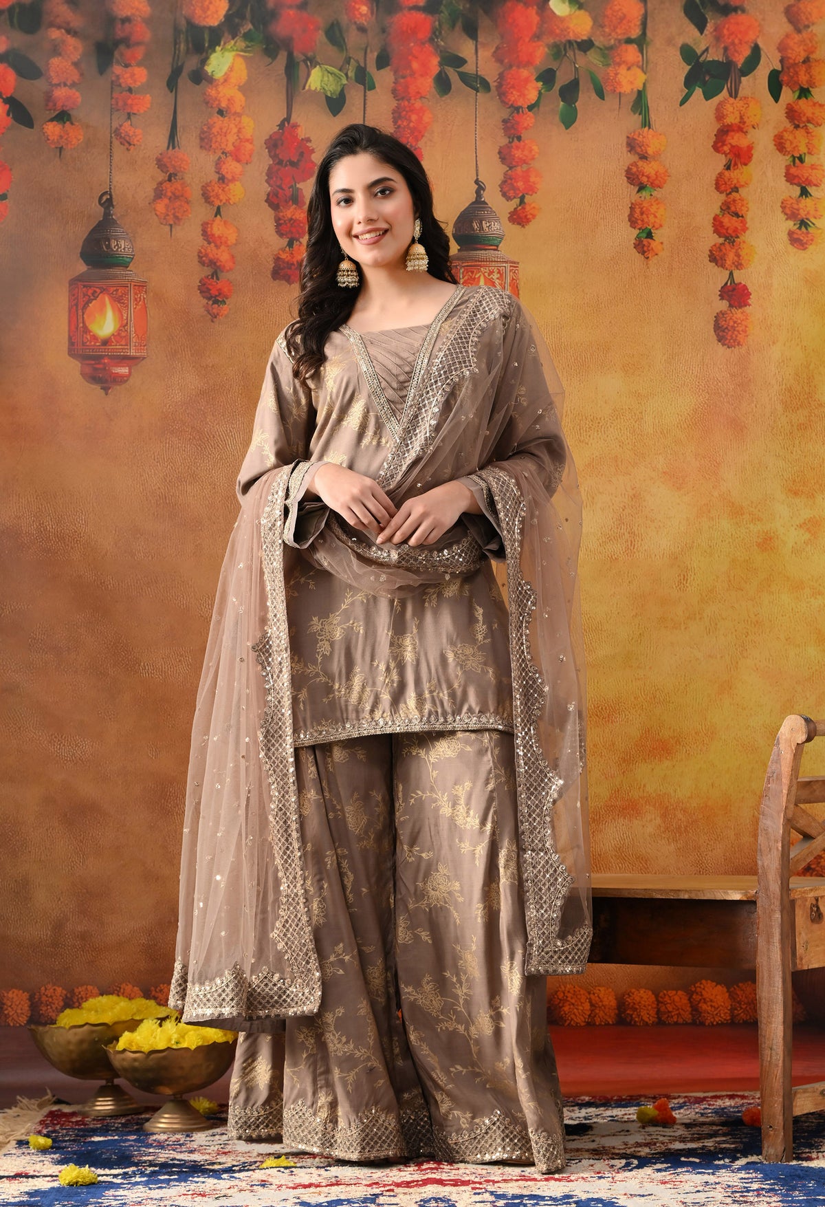 Wood Brown Cotton Silk Sharara Set with Net Dupatta