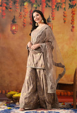 Wood Brown Cotton Silk Sharara Set with Net Dupatta
