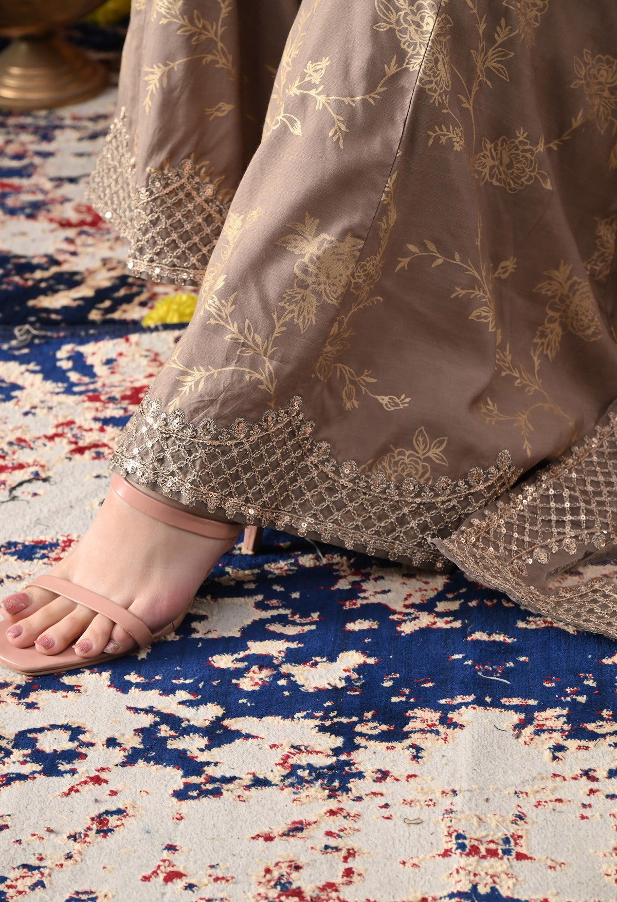 Wood Brown Cotton Silk Sharara Set with Net Dupatta