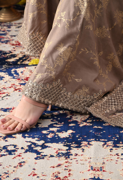Wood Brown Cotton Silk Sharara Set with Net Dupatta