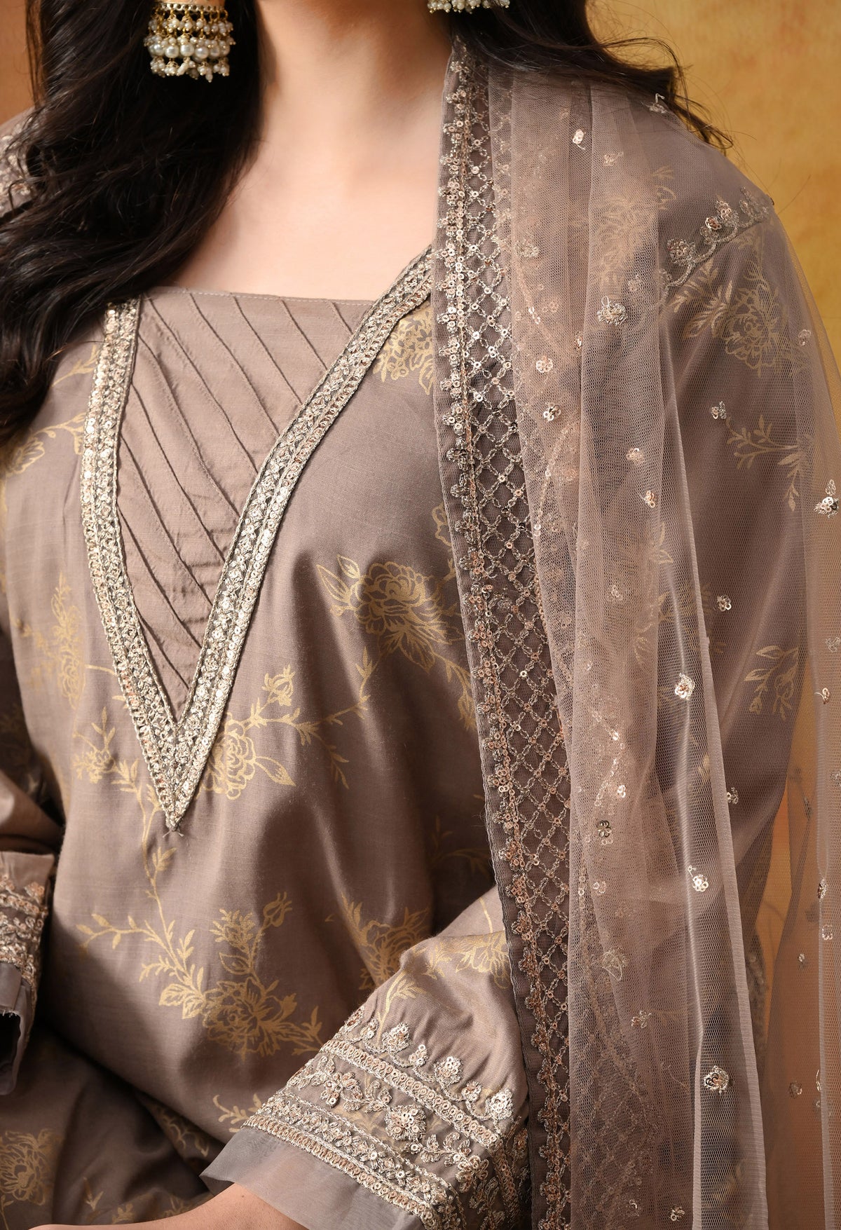 Wood Brown Cotton Silk Sharara Set with Net Dupatta