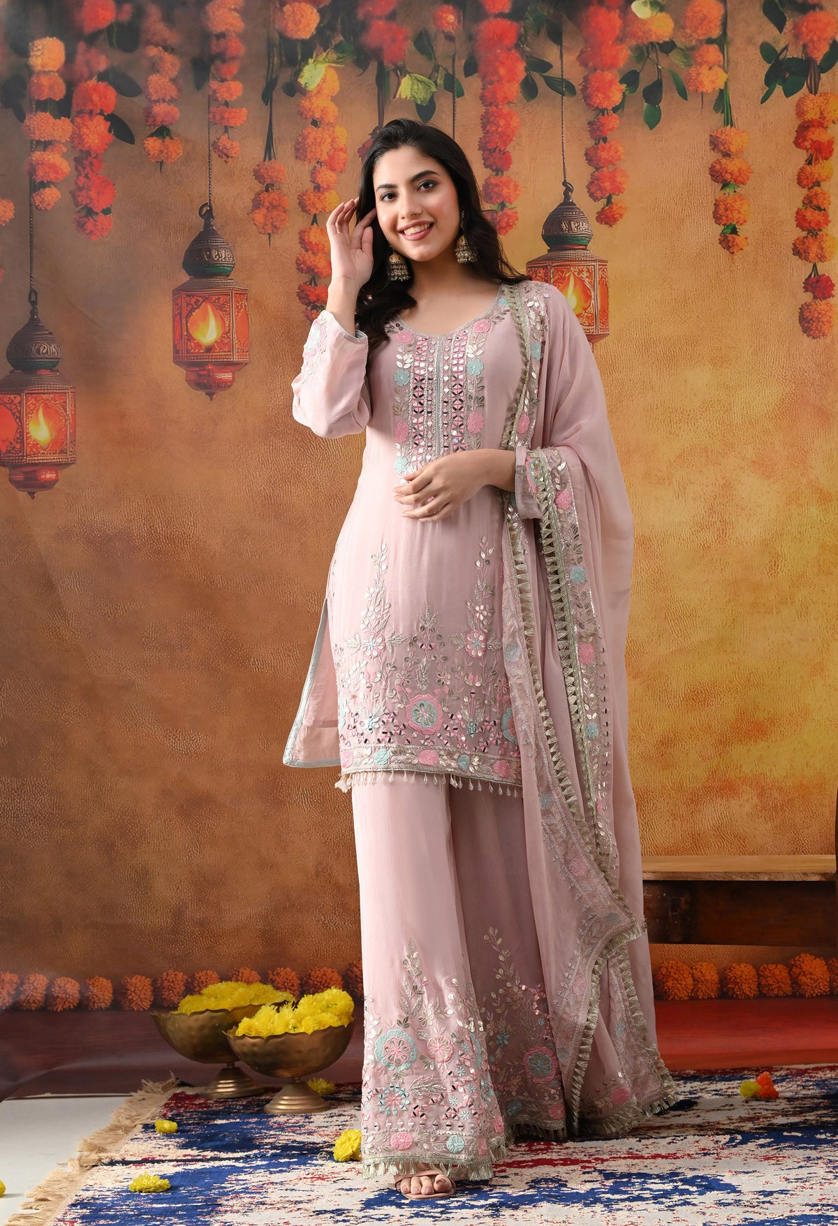 Light Pink Chinon Sharara Set with Matching Dupatta